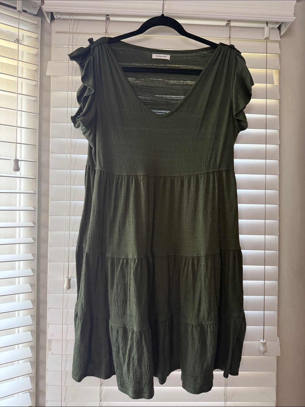 Max Studio Olive Green Tiered V-Neck Midi Dress
